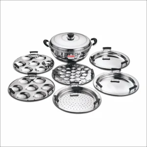 Kitchen Essential Stainless Steel – 28cms Induction Bottom Multi Kadai with Lid -6 Plate(Idli Plate-2,Mini Idli Plate 1,Dhokla Plate 2,Patra/Momo/Modak plate-1)