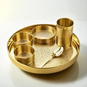 Lily Good Luck Pure Brass Thali Set of 6 pcs with Etching - 1 Thali (12″), 2 Serving Bowls (4″ Each), 1 Sweet Dish Bowl (5″), 1 Glass Tumbler (3.5″), 1 Brass Spoon