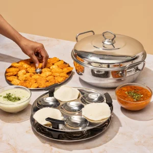 Vinod Stainless Steel Deluxe Multikadai 26CM With 6 Plate (2 IDLI, 1 Mini Idli, 2 Dhokla, 1 Steamer or Patra Plate) 6in1 Combo,  Idli, Dhokla, Momos Maker & Steamer Combo
