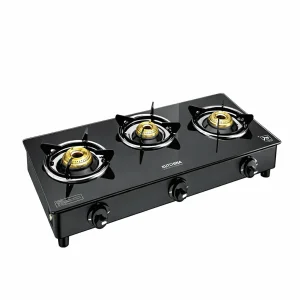 Kutchina EVO 3 Burner Gas Stove Black Glass Top | 6mm Tempered Glass | 5 Year Warranty on Glass | Glass Top Gas Stove