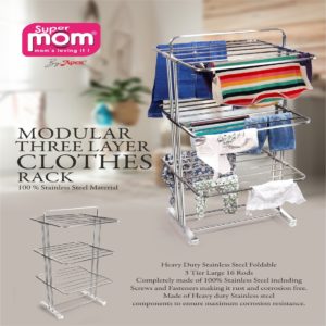 Super Mom Modular 3 Layer Cloth Drying Rack Stainless Steel,  Three Layer Cloth Stand, Heavy Duty Space Saver