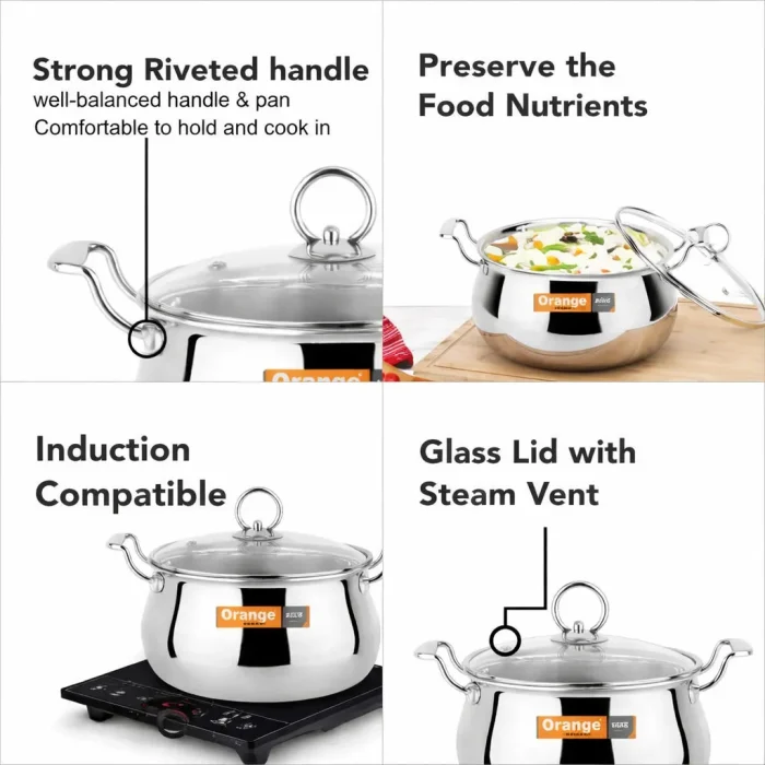 Orange triply ss handi with glass lid Orange triply ss handi with glass lid